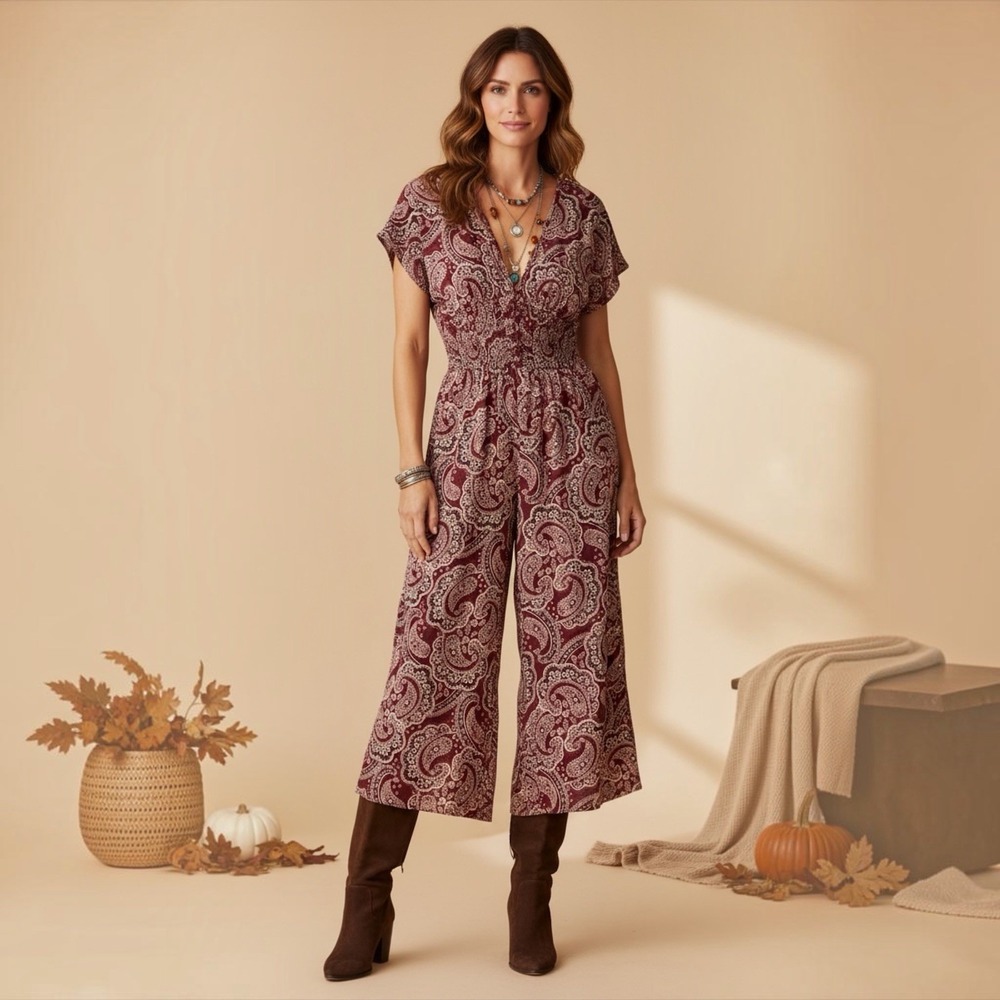 Patrons of Peace Burgundy Paisley V-Neck Wide Leg Jumpsuit Size M Smocked Waist